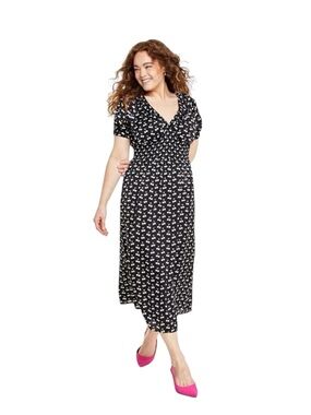 Macy's On 34th Black and White Cherry Print V-Neck Midi Dress Size Medium